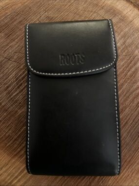 Roots Black Leather Flip-Top Phone Holster with Contrast Stitching